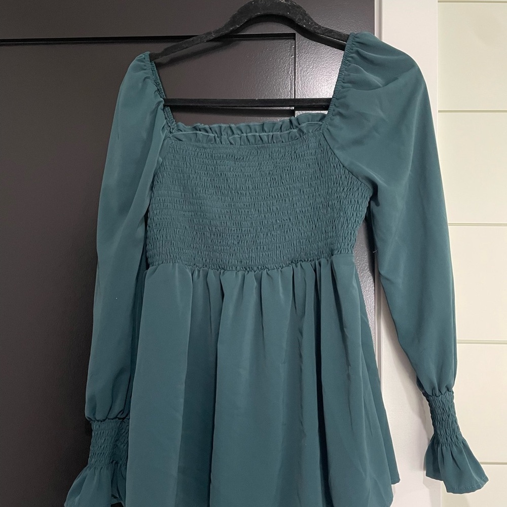 Teal Long Sleeve Smocked maternity shirt